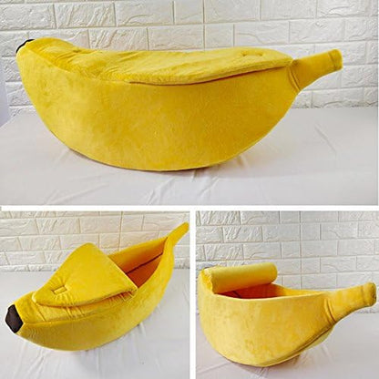 Large Banana Cat Bed House – Soft Plush Cozy Pet Cave for Cats, Kittens, Rabbits & Small Dogs | Warm Cuddle Sleeping Bed (Yellow)