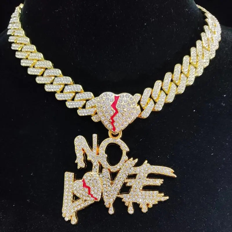 Gold Cuban Chain Necklace with Loveless Pendant – Hip Hop Statement Jewelry with Red Accents for Men & Women
