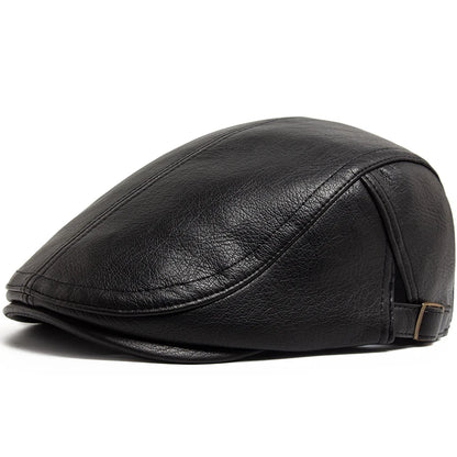Vintage PU Leather Newsboy Beret Cap – Warm Autumn & Winter Unisex Visor Hat for Men & Women