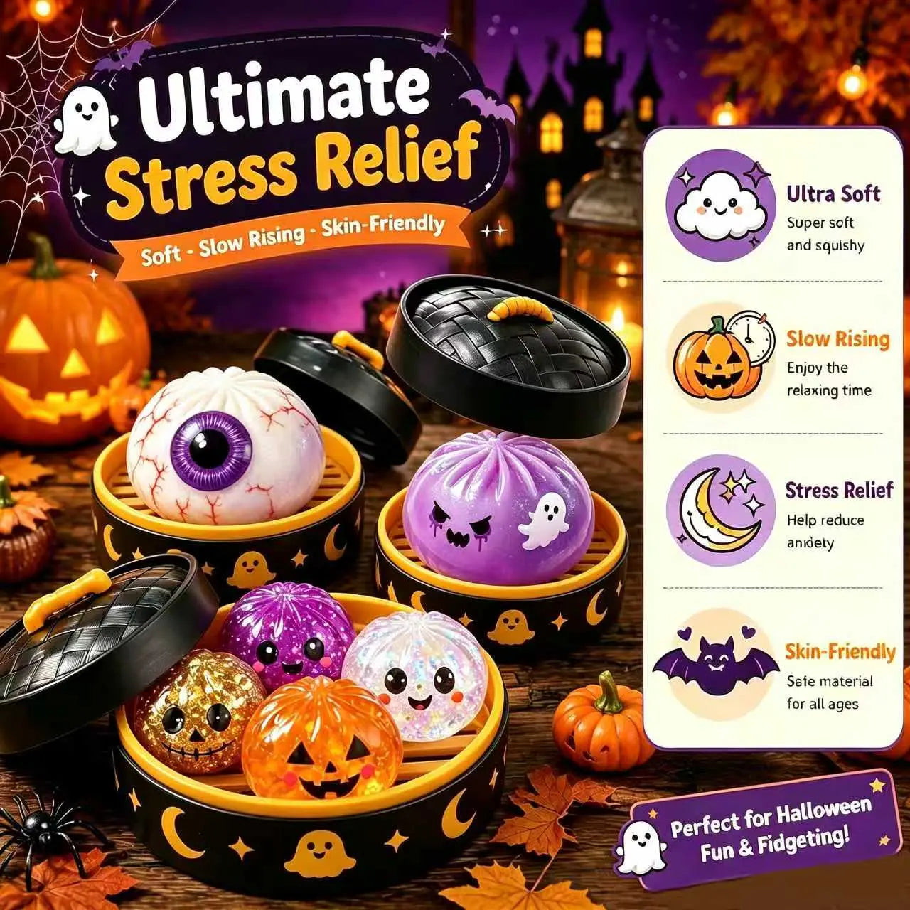 Cute Halloween Ghost Squishy Toy Set – Portable Stress Relief Squeeze Toys for Kids & Adults, Party Favors & Holiday Gifts
