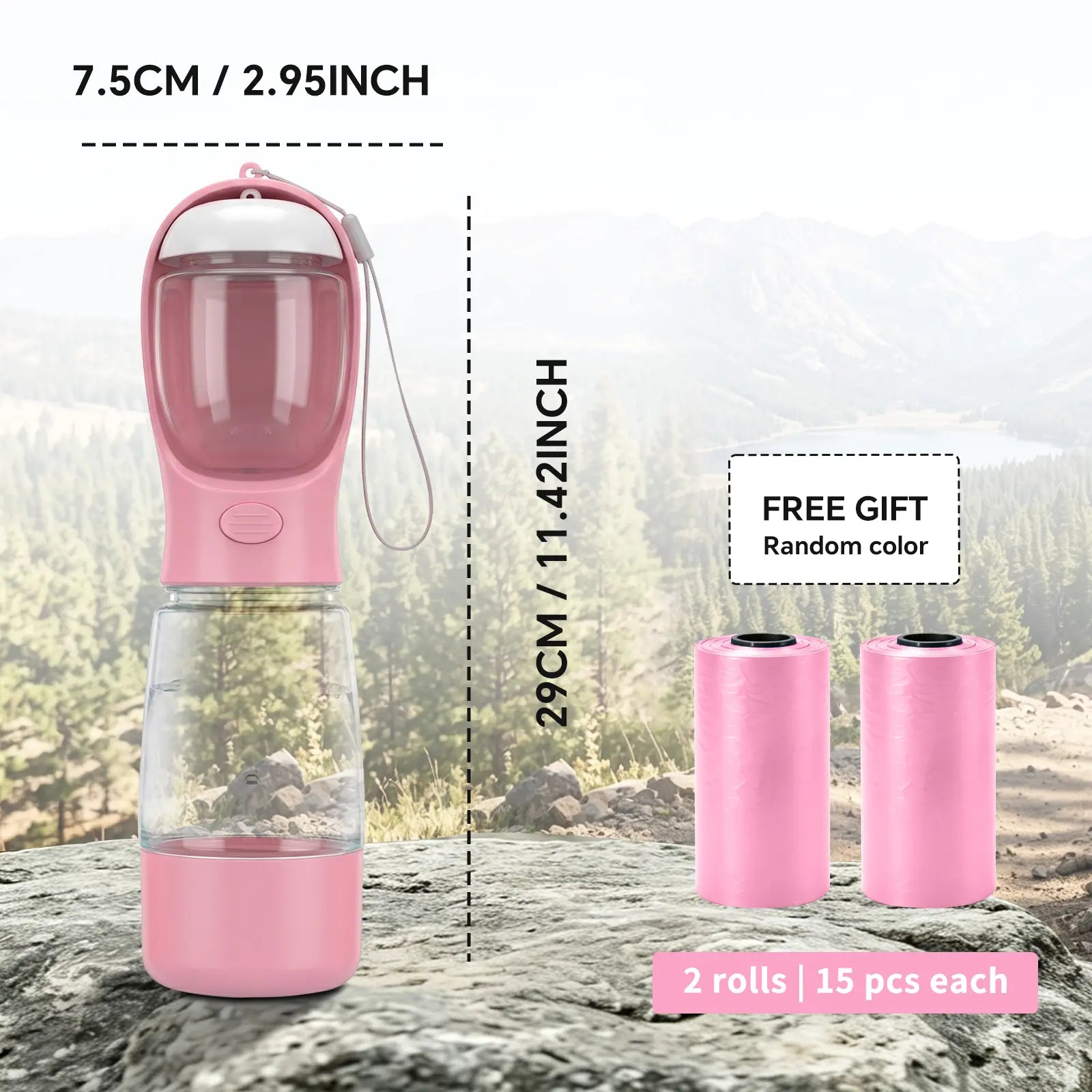 3-in-1 Portable Dog Water Bottle – Leak-Proof Travel Water & Food Container with Built-In Poop Bag Dispenser with 2 Rolls Waste Bags (30 Pcs Total)