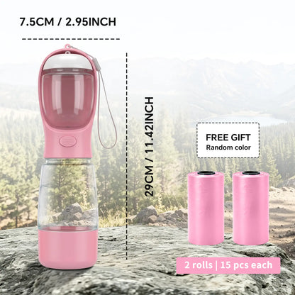 3-in-1 Portable Dog Water Bottle – Leak-Proof Travel Water & Food Container with Built-In Poop Bag Dispenser with 2 Rolls Waste Bags (30 Pcs Total)