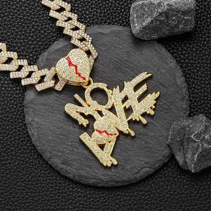 Gold Cuban Chain Necklace with Loveless Pendant – Hip Hop Statement Jewelry with Red Accents for Men & Women