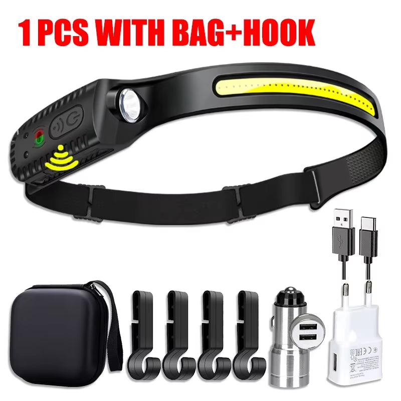 USB Rechargeable LED Headlamp – Motion Sensor XPE + COB Head Torch for Camping, Fishing, Hiking & Outdoor Work