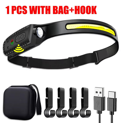 USB Rechargeable LED Headlamp – Motion Sensor XPE + COB Head Torch for Camping, Fishing, Hiking & Outdoor Work