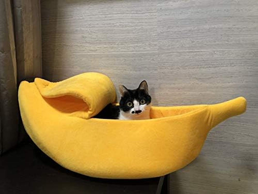 Large Banana Cat Bed House – Soft Plush Cozy Pet Cave for Cats, Kittens, Rabbits & Small Dogs | Warm Cuddle Sleeping Bed (Yellow)