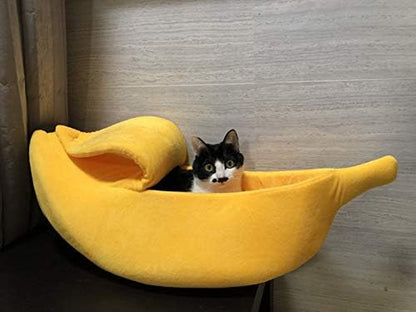 Large Banana Cat Bed House – Soft Plush Cozy Pet Cave for Cats, Kittens, Rabbits & Small Dogs | Warm Cuddle Sleeping Bed (Yellow)