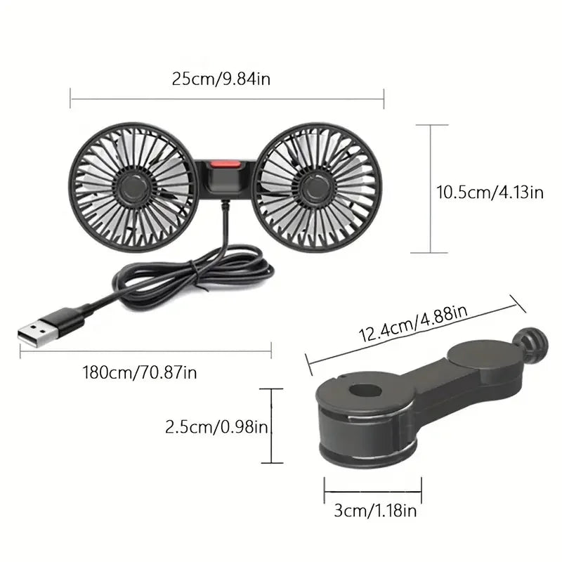 360° Dual Head Car Cooling Fan – USB Rechargeable 3-Speed Adjustable Seat Back Fan for Cars, Home & Office