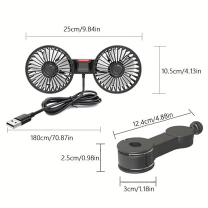 360° Dual Head Car Cooling Fan – USB Rechargeable 3-Speed Adjustable Seat Back Fan for Cars, Home & Office