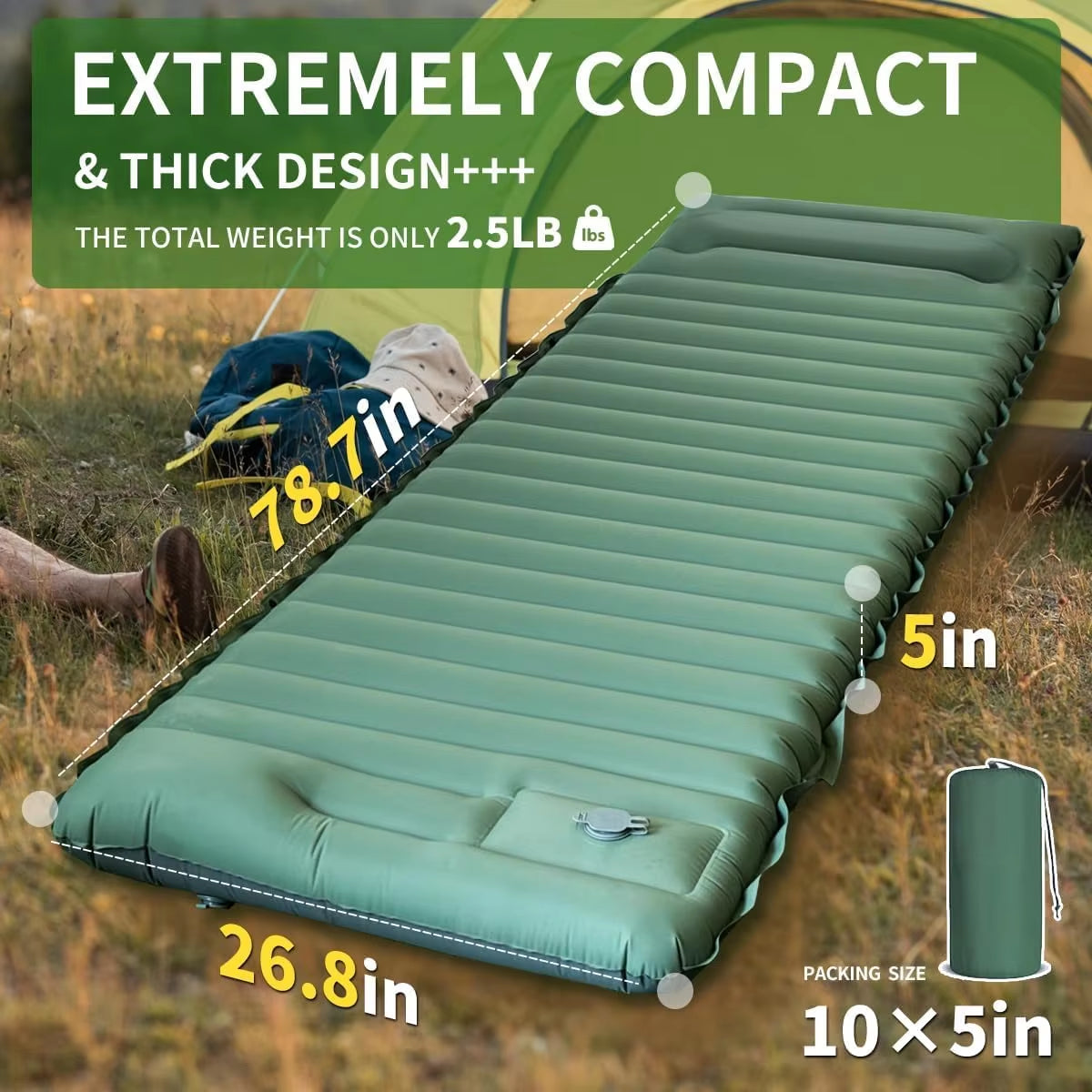 Ultralight Inflatable Camping Sleeping Pad – Air Mattress with Built-In Foot Pump & Pillow for Hiking, Backpacking & Travel