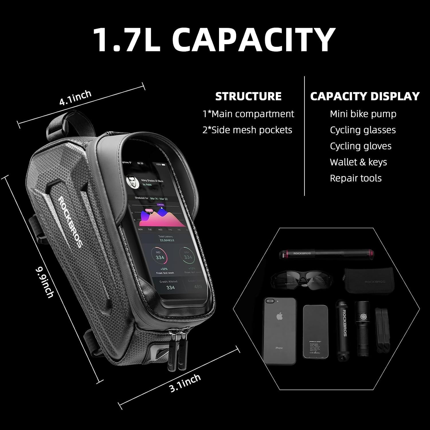 Waterproof Bike Phone Bag – EVA Hard Shell Bicycle Frame Bag with 6.8" Touchscreen, Dual Storage Pockets & Reflective Design