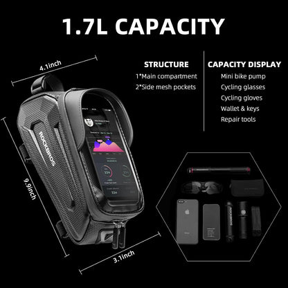 Waterproof Bike Phone Bag – EVA Hard Shell Bicycle Frame Bag with 6.8" Touchscreen, Dual Storage Pockets & Reflective Design