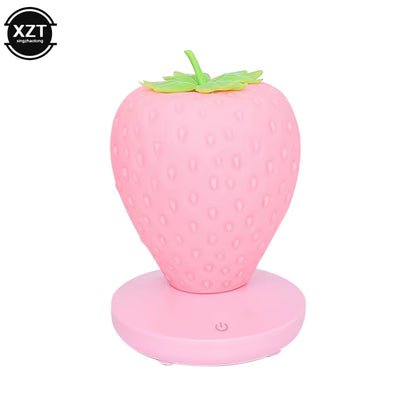 Cute LED Strawberry Night Light – USB Rechargeable Silicone Touch-Control Dimmable Bedside Lamp for Bedroom & Nursery