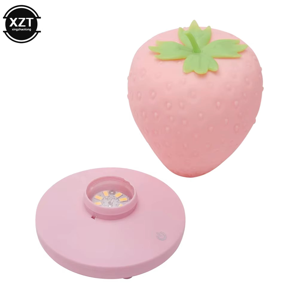 Cute LED Strawberry Night Light – USB Rechargeable Silicone Touch-Control Dimmable Bedside Lamp for Bedroom & Nursery
