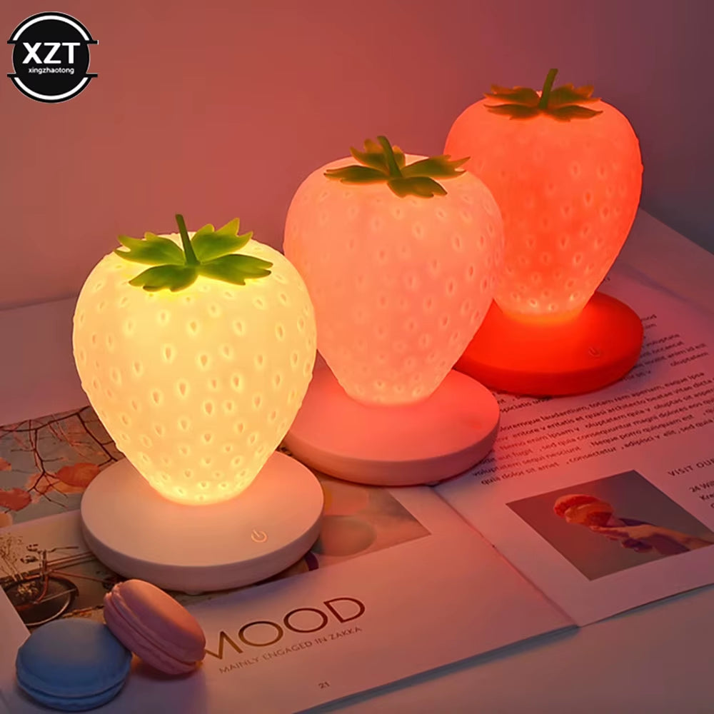 Cute LED Strawberry Night Light – USB Rechargeable Silicone Touch-Control Dimmable Bedside Lamp for Bedroom & Nursery