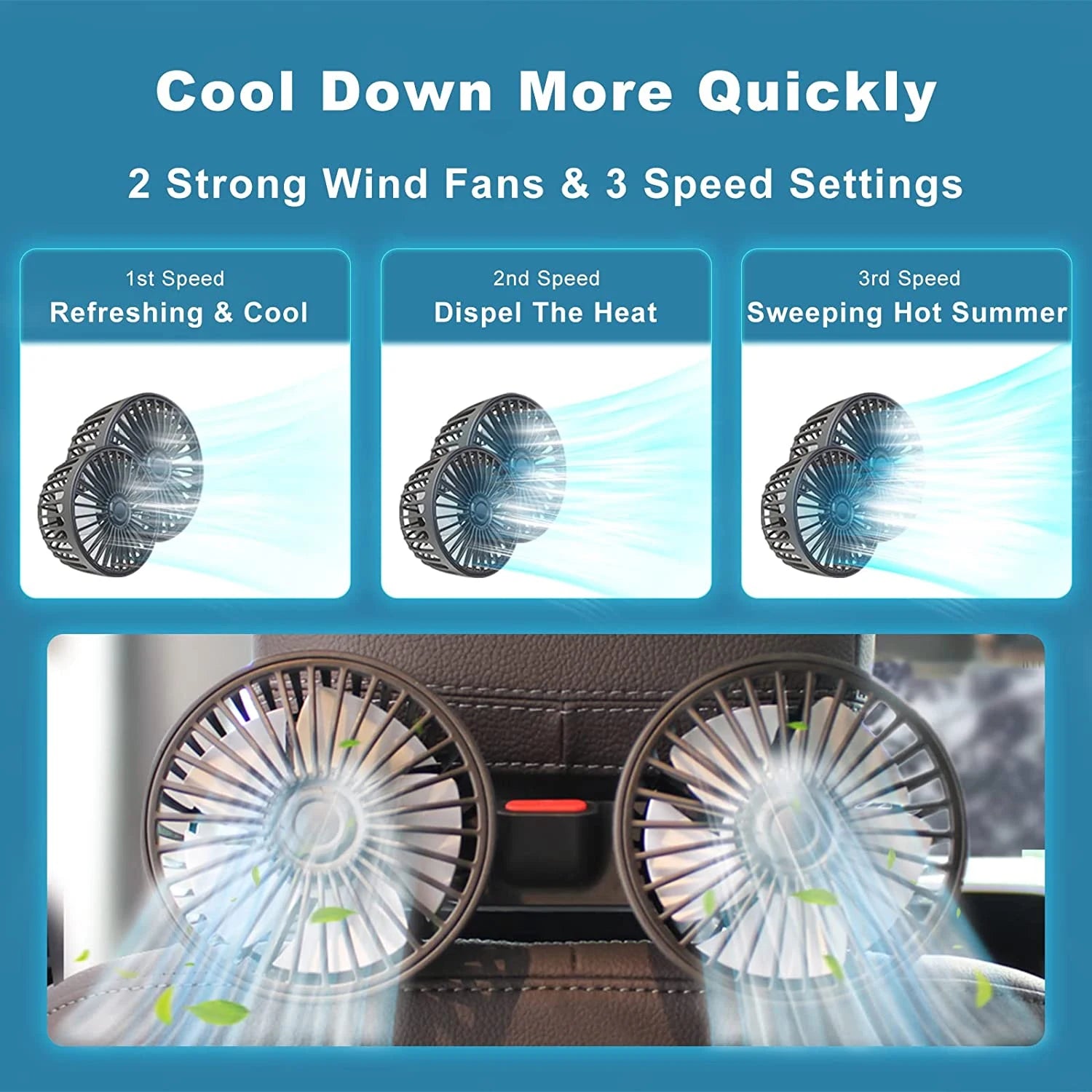 360° Dual Head Car Cooling Fan – USB Rechargeable 3-Speed Adjustable Seat Back Fan for Cars, Home & Office