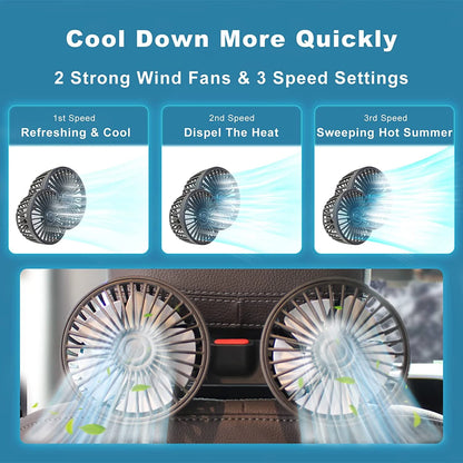 360° Dual Head Car Cooling Fan – USB Rechargeable 3-Speed Adjustable Seat Back Fan for Cars, Home & Office