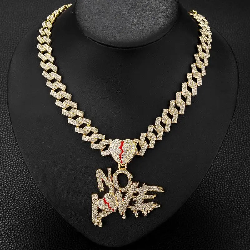 Gold Cuban Chain Necklace with Loveless Pendant – Hip Hop Statement Jewelry with Red Accents for Men & Women