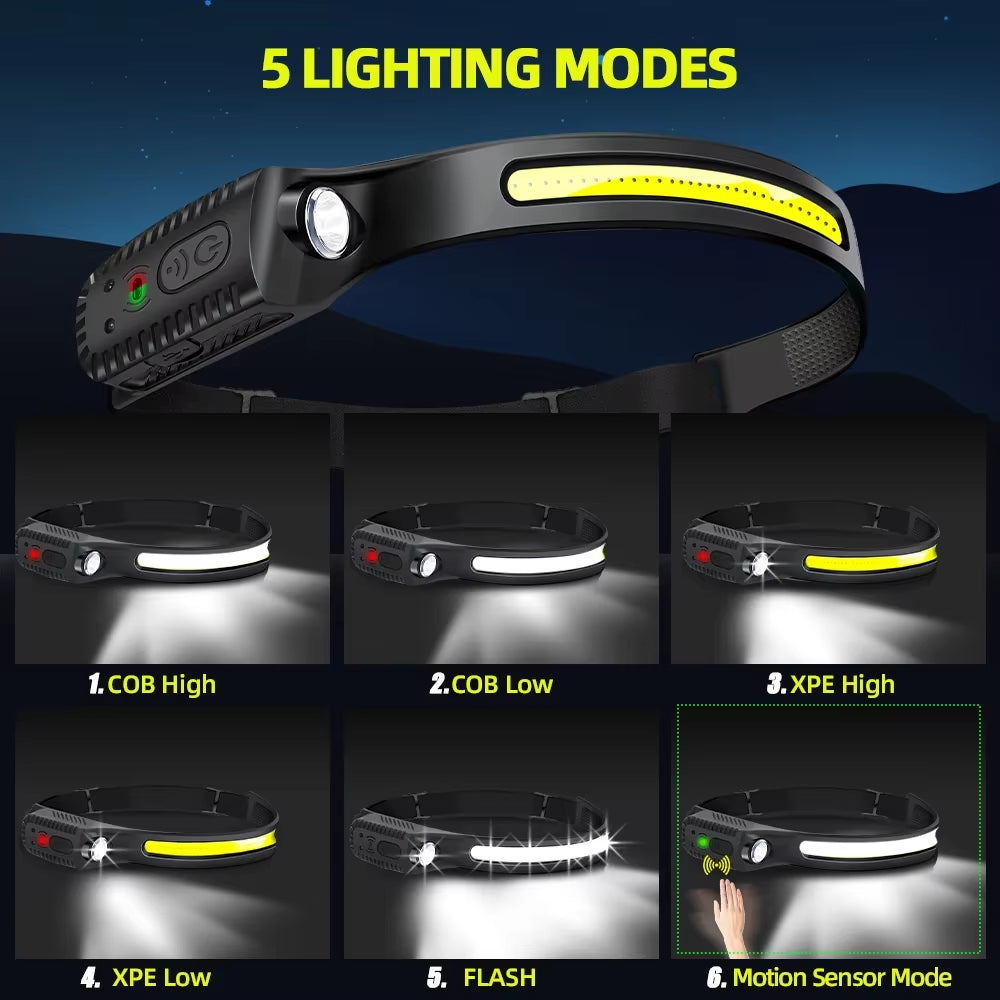 USB Rechargeable LED Headlamp – Motion Sensor XPE + COB Head Torch for Camping, Fishing, Hiking & Outdoor Work