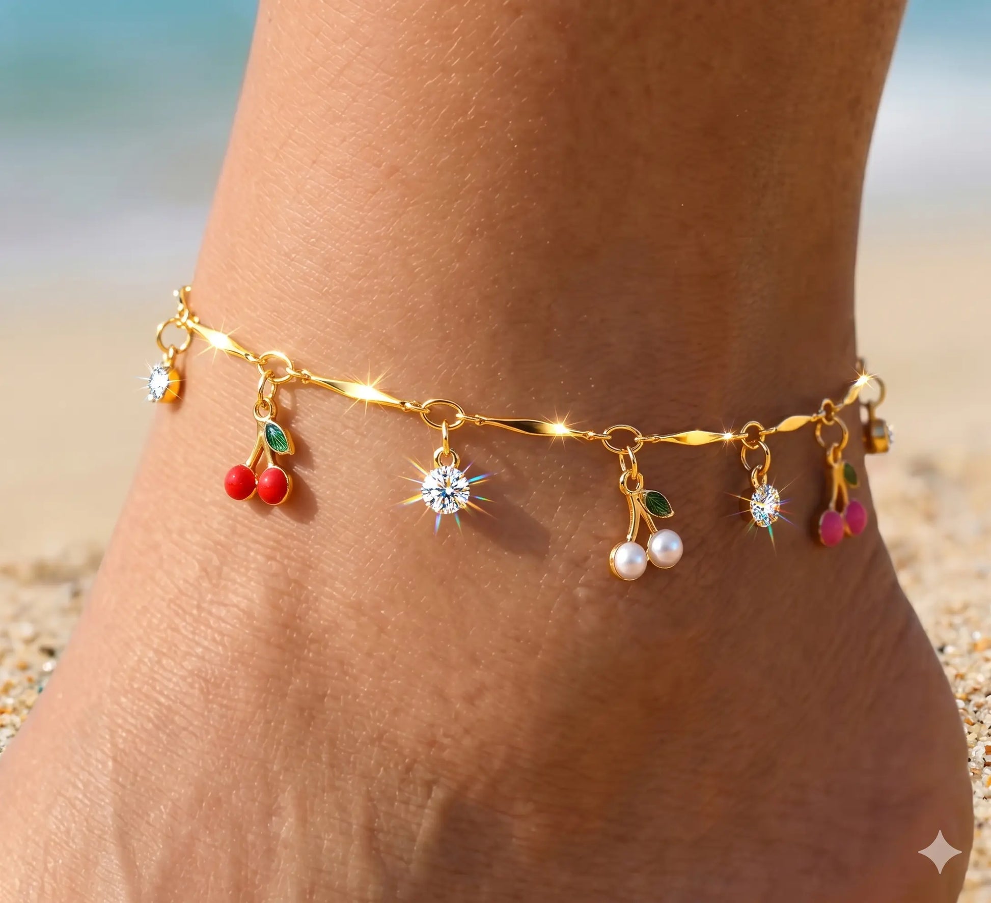 FLORIDECO Y2K Colorful Cherry Anklet – Adjustable Gold Beach Anklet for Women, Summer Fashion Jewelry