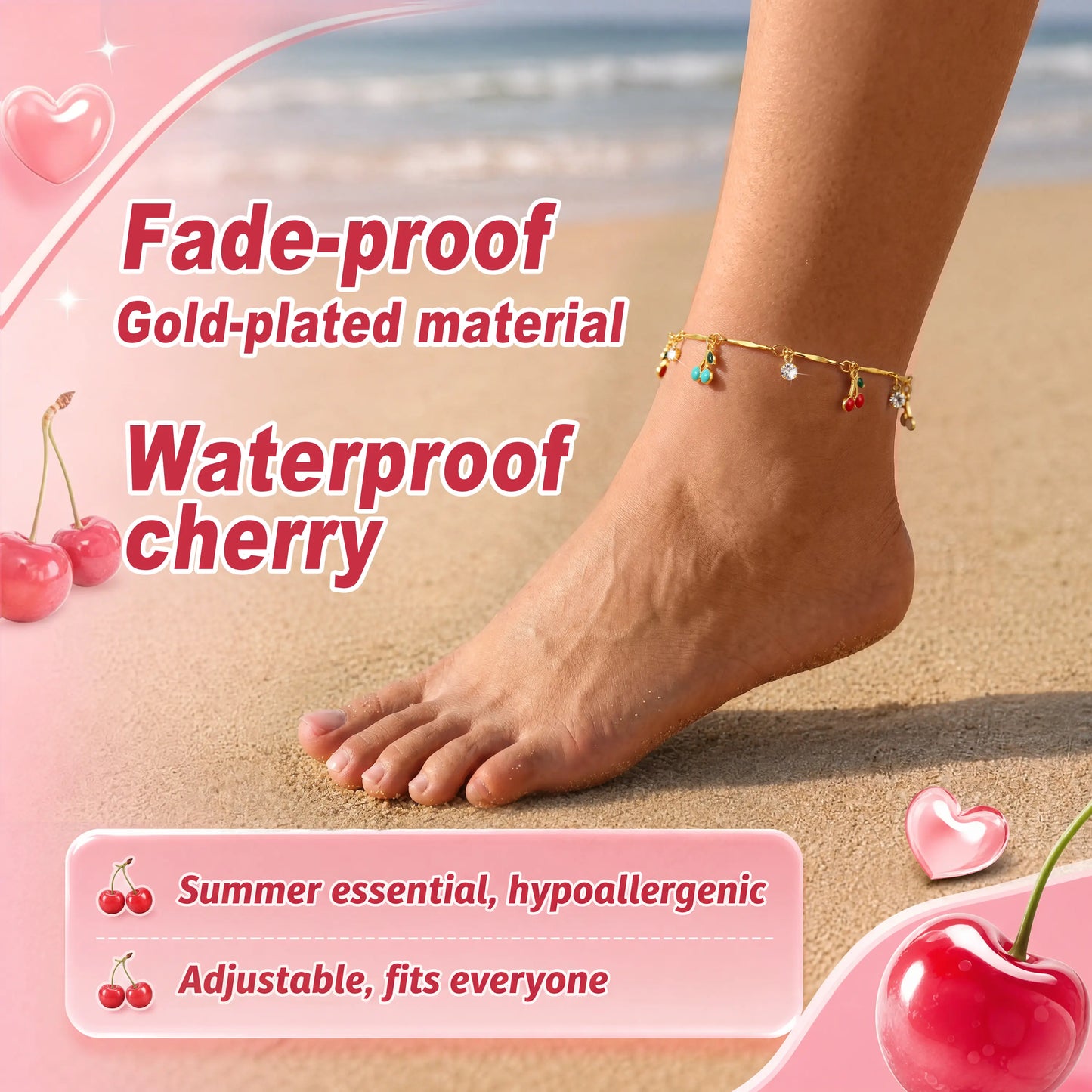 FLORIDECO Y2K Colorful Cherry Anklet – Adjustable Gold Beach Anklet for Women, Summer Fashion Jewelry