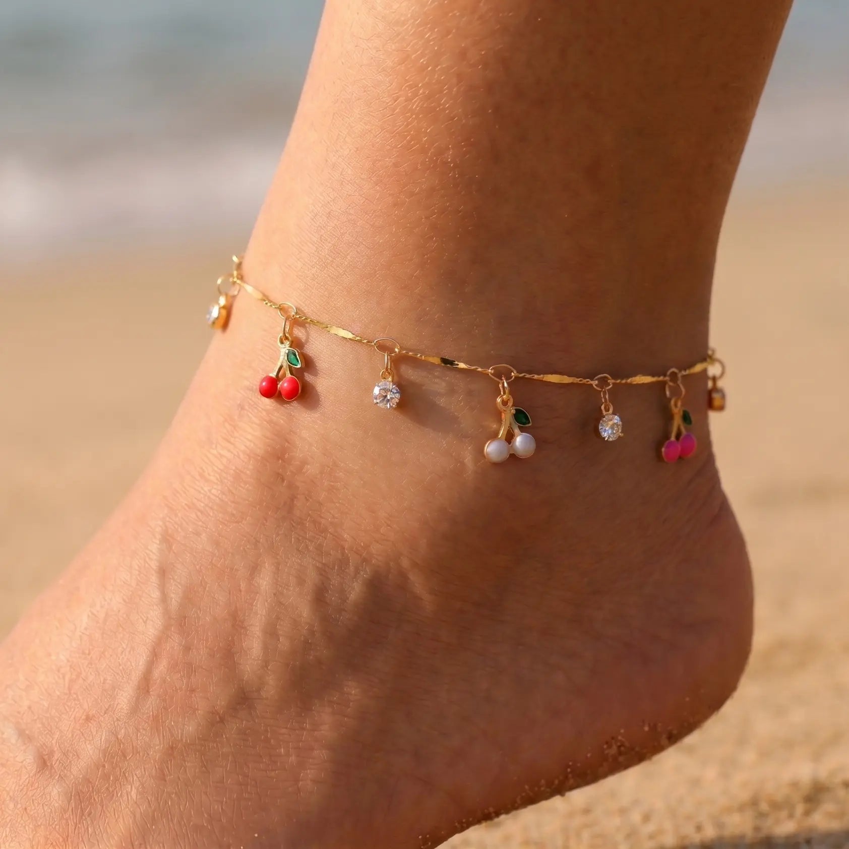 FLORIDECO Y2K Colorful Cherry Anklet – Adjustable Gold Beach Anklet for Women, Summer Fashion Jewelry