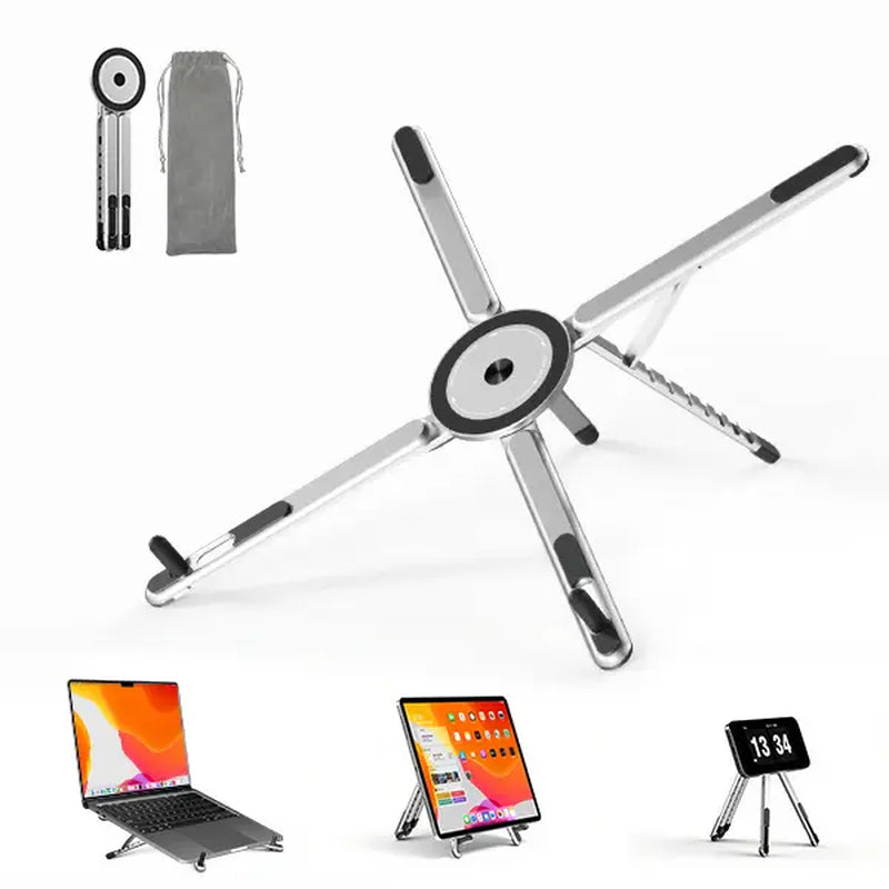 Viozon Foldable Aluminum Laptop Stand with Magnetic Phone Holder – Adjustable Portable Computer Riser for 10–16" Laptops & 4–13" Phones/Tablets, Silver