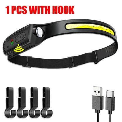 USB Rechargeable LED Headlamp – Motion Sensor XPE + COB Head Torch for Camping, Fishing, Hiking & Outdoor Work
