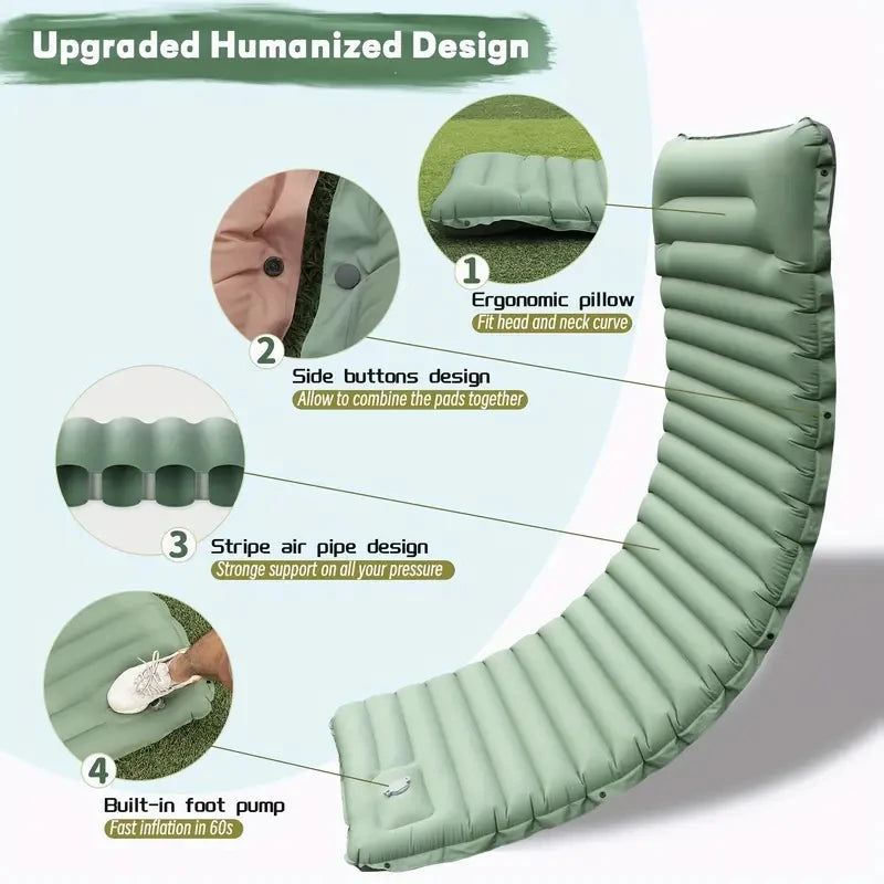 Ultralight Inflatable Camping Sleeping Pad – Air Mattress with Built-In Foot Pump & Pillow for Hiking, Backpacking & Travel