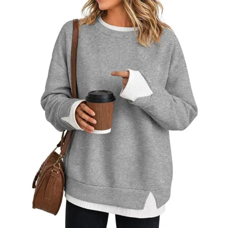 Women's Layered Oversized Sweatshirt – Faux Two-Piece Crew Neck Long Sleeve Pullover with Ribbed Cuffs & Drop Shoulder