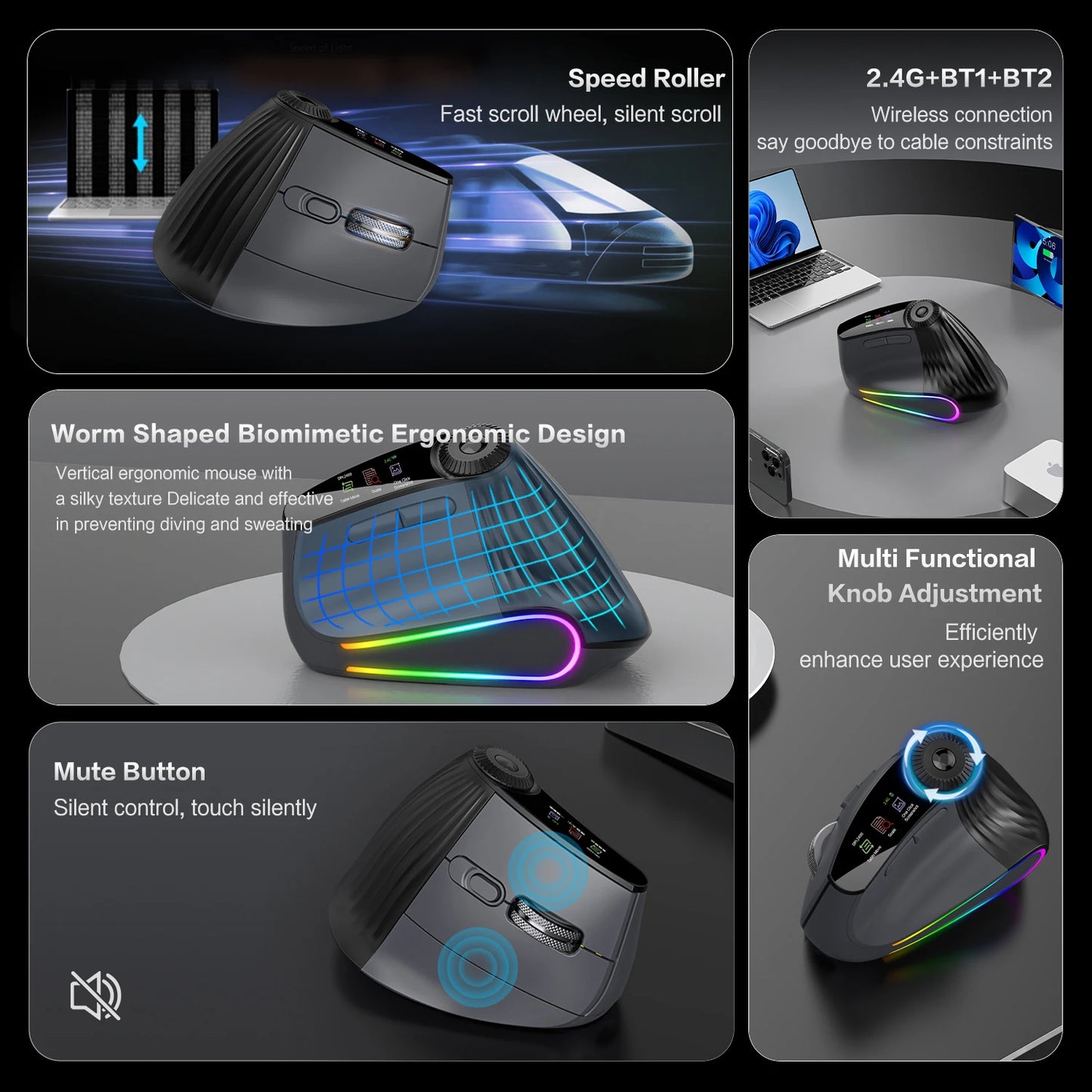 RGB Wireless Ergonomic Vertical Mouse – Bluetooth & USB Rechargeable Silent Click Mouse with RGB Backlit & Scroll Wheel