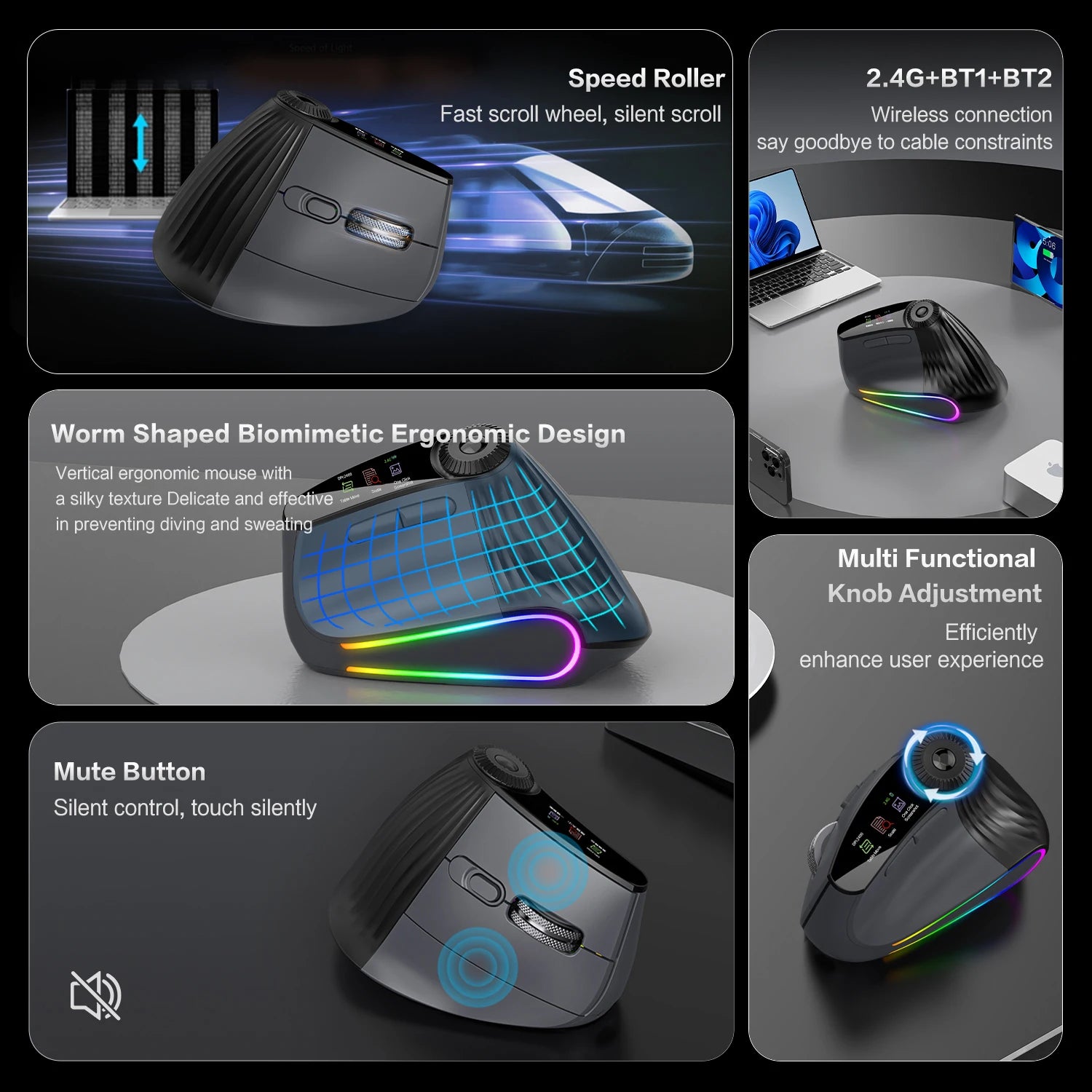 RGB Wireless Ergonomic Vertical Mouse – Bluetooth & USB Rechargeable Silent Click Mouse with RGB Backlit & Scroll Wheel