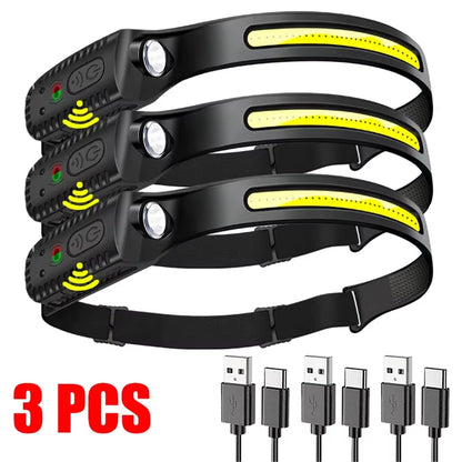 USB Rechargeable LED Headlamp – Motion Sensor XPE + COB Head Torch for Camping, Fishing, Hiking & Outdoor Work