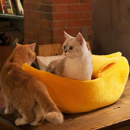 Large Banana Cat Bed House – Soft Plush Cozy Pet Cave for Cats, Kittens, Rabbits & Small Dogs | Warm Cuddle Sleeping Bed (Yellow)