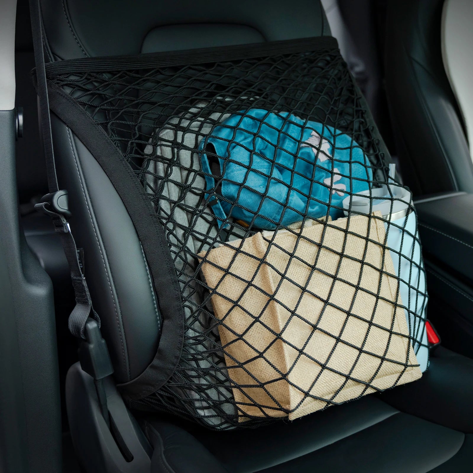 Car Seat Storage Net Organizer – Double Layer Elastic Mesh Handbag Holder with Adjustable Straps for Front Seats