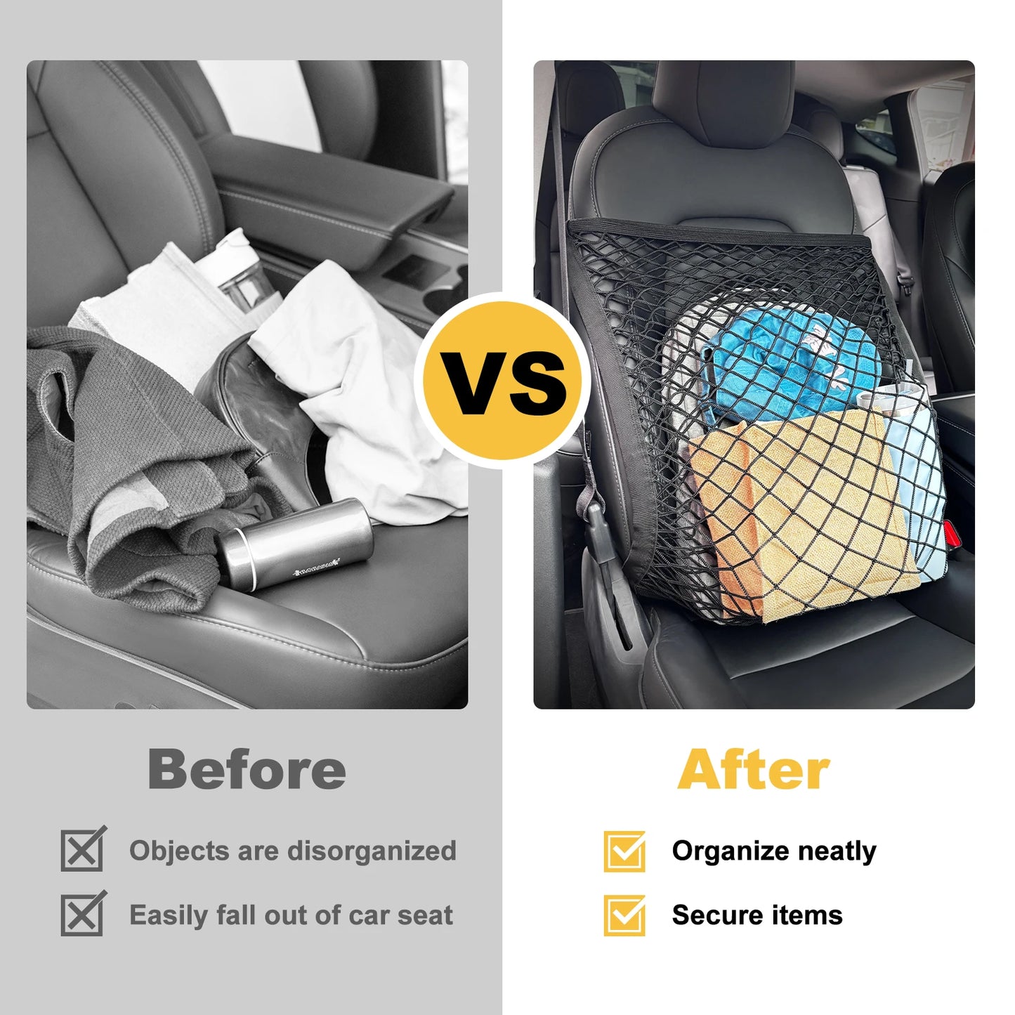 Car Seat Storage Net Organizer – Double Layer Elastic Mesh Handbag Holder with Adjustable Straps for Front Seats