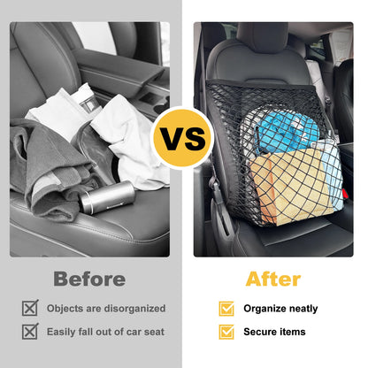 Car Seat Storage Net Organizer – Double Layer Elastic Mesh Handbag Holder with Adjustable Straps for Front Seats