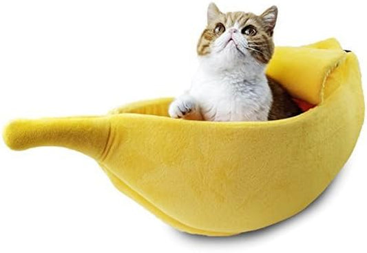 Large Banana Cat Bed House – Soft Plush Cozy Pet Cave for Cats, Kittens, Rabbits & Small Dogs | Warm Cuddle Sleeping Bed (Yellow)