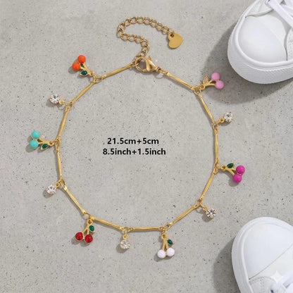 FLORIDECO Y2K Colorful Cherry Anklet – Adjustable Gold Beach Anklet for Women, Summer Fashion Jewelry