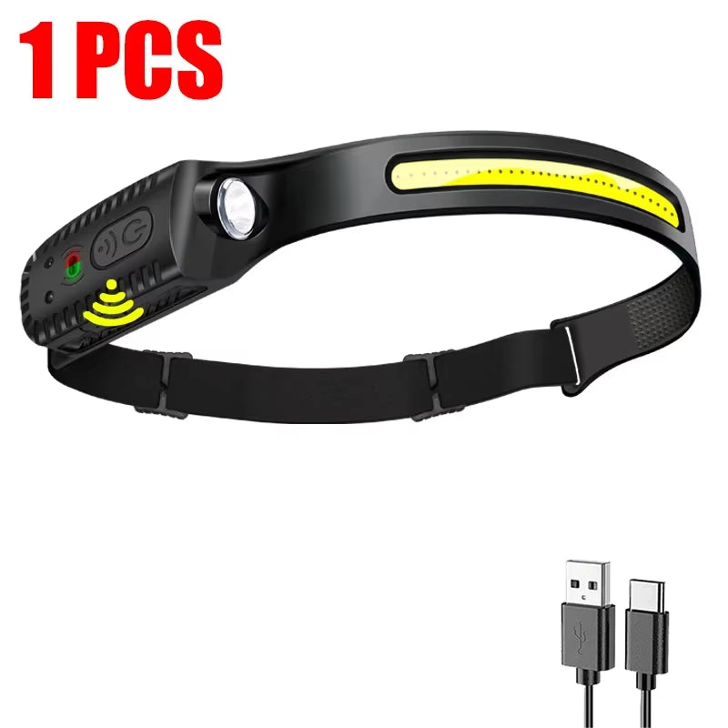 USB Rechargeable LED Headlamp – Motion Sensor XPE + COB Head Torch for Camping, Fishing, Hiking & Outdoor Work