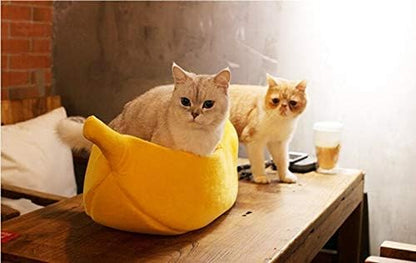 Large Banana Cat Bed House – Soft Plush Cozy Pet Cave for Cats, Kittens, Rabbits & Small Dogs | Warm Cuddle Sleeping Bed (Yellow)