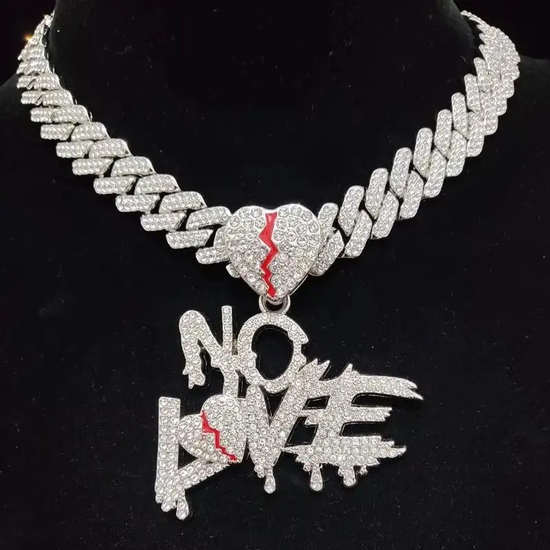 Gold Cuban Chain Necklace with Loveless Pendant – Hip Hop Statement Jewelry with Red Accents for Men & Women