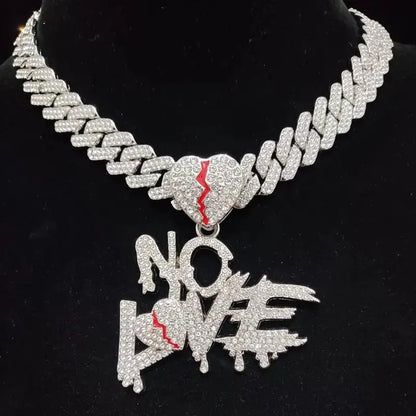 Gold Cuban Chain Necklace with Loveless Pendant – Hip Hop Statement Jewelry with Red Accents for Men & Women