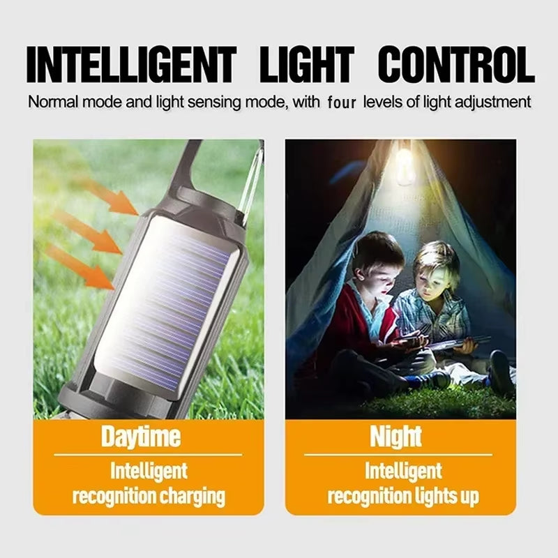 LED Solar Camping Lantern – USB Rechargeable Dimmable Tent Light with Hanging Hook for Hiking, Camping & Emergency Use