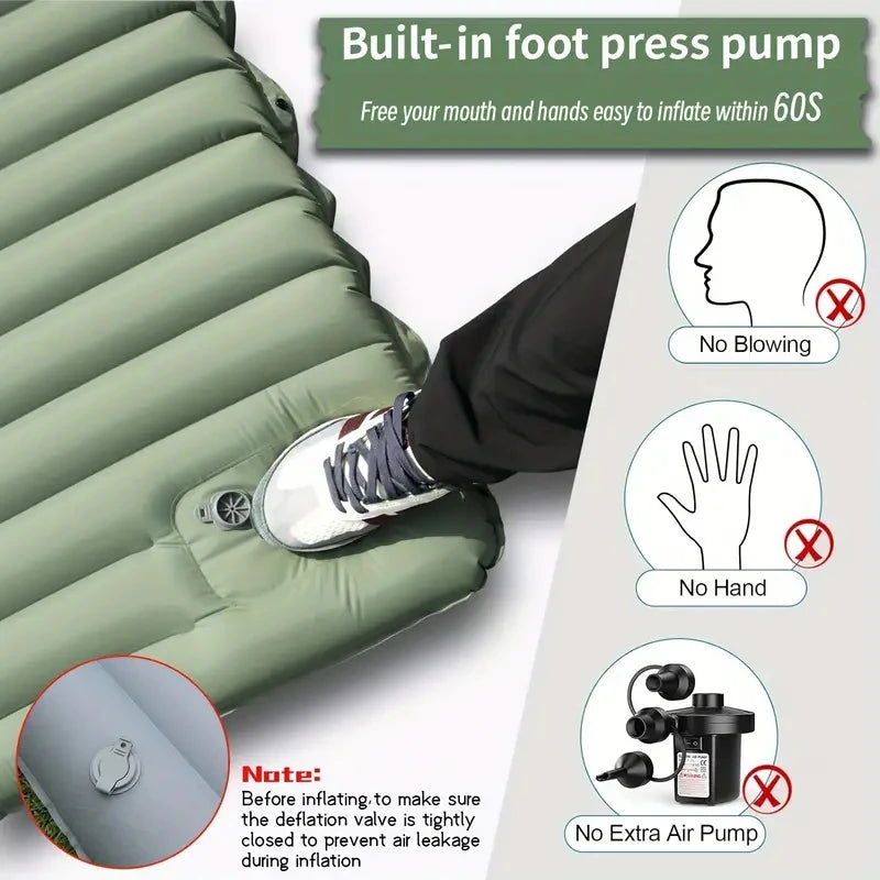 Ultralight Inflatable Camping Sleeping Pad – Air Mattress with Built-In Foot Pump & Pillow for Hiking, Backpacking & Travel