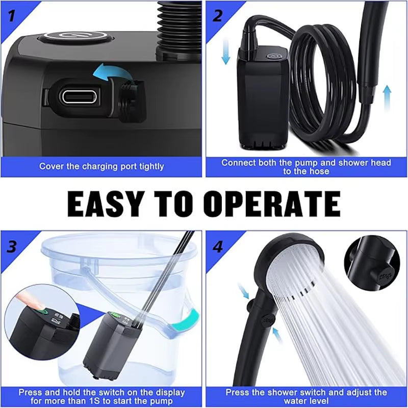 Portable Camping Shower – 6000mAh Rechargeable Electric Shower Pump with LED Display & Adjustable Shower Head