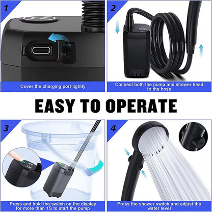 Portable Camping Shower – 6000mAh Rechargeable Electric Shower Pump with LED Display & Adjustable Shower Head