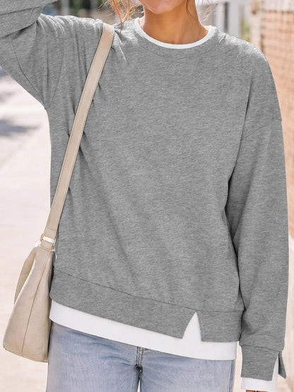 Women's Layered Oversized Sweatshirt – Faux Two-Piece Crew Neck Long Sleeve Pullover with Ribbed Cuffs & Drop Shoulder