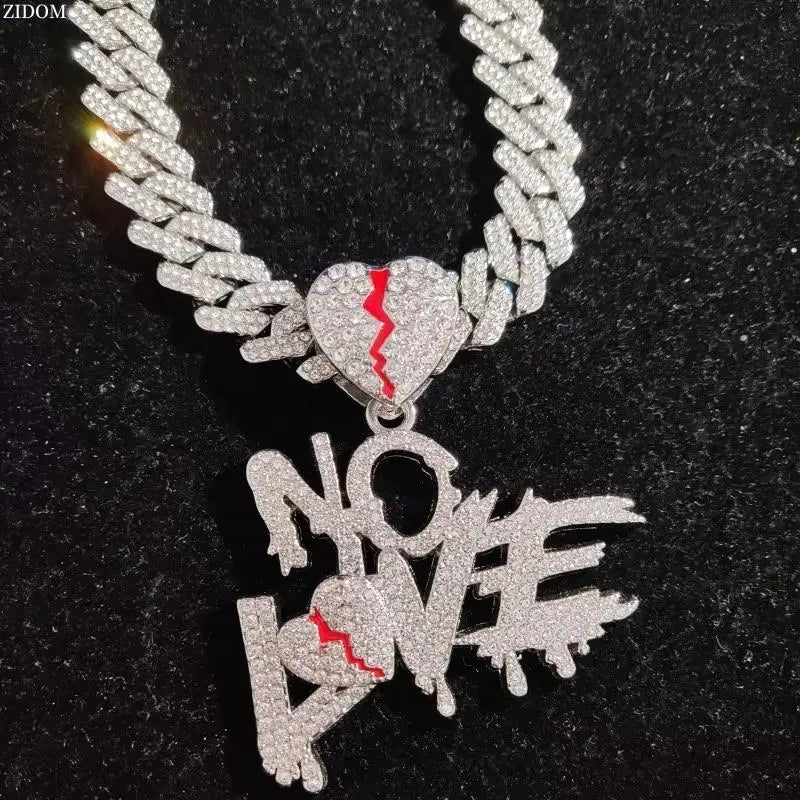 Gold Cuban Chain Necklace with Loveless Pendant – Hip Hop Statement Jewelry with Red Accents for Men & Women