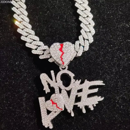 Gold Cuban Chain Necklace with Loveless Pendant – Hip Hop Statement Jewelry with Red Accents for Men & Women